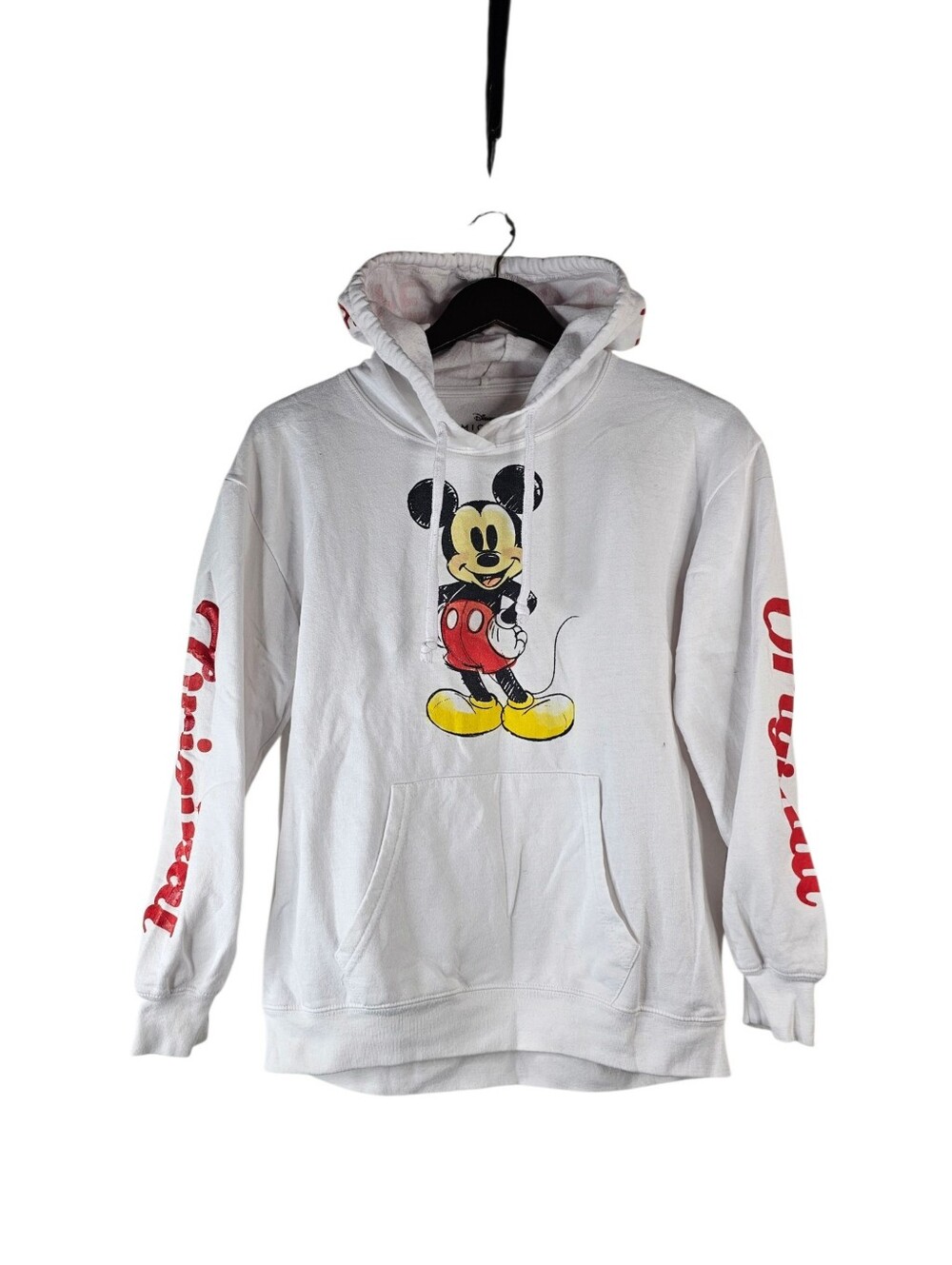 Disney Mickey Mouse Hoodie Medium White Red Graphic Pullover Sweatshirt